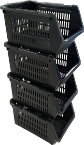 Skywin Plastic Stackable Storage Bins (Black) - 4 Pack Open Front Storage Bins Linear design For Toy Organizers and Storage Bins For Pantry, Kitchen, and Bathroom Essentials (Lines)