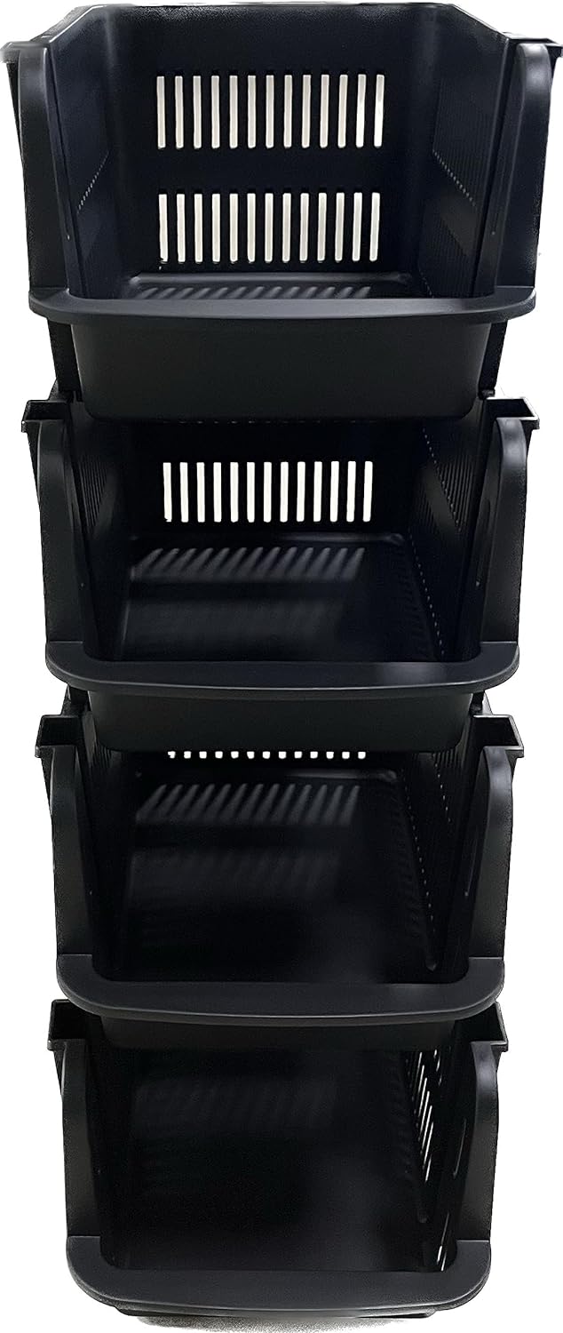 Skywin Plastic Stackable Storage Bins For Pantry - 5 Pack Black Stackable Bins For Organizing Food Kitchen And Bathroom Essentials