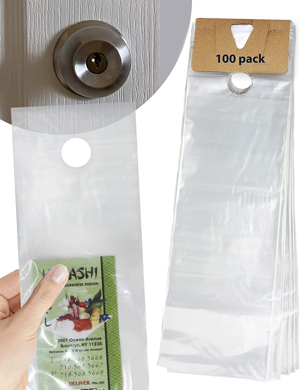 Skywin 100 Plastic Door Hanger Bags 6 x 19 inches - Clear Door Hanger Bags  Protects Flyers, Brochures, Notices, Printed Materials - Waterproof and  Secure Door Knob Hanger for Outdoor Use (100) 