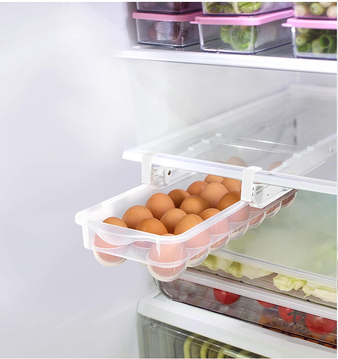 SEZN Fridge Egg Holder, Pull Out Refrigerator Drawer Organizers Fridge Shelf Holder
