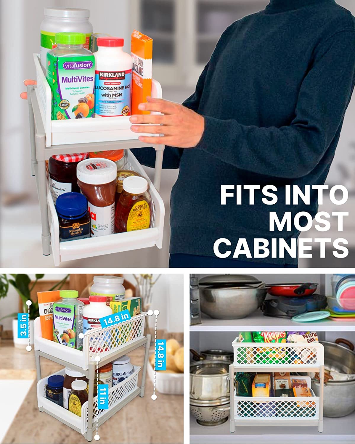 2 Tier Under Sink Organizer - Pull Out Slide Out Cabinet Storage Baskets For Bathroom & Kitchen