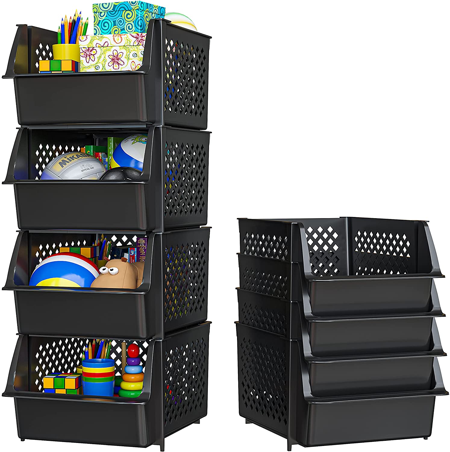 Skywin Plastic Stackable Storage Bins for Pantry - 2 Pack Stackable Bins for Organizing Food, Kitchen, and Bathroom Essentials (Black)